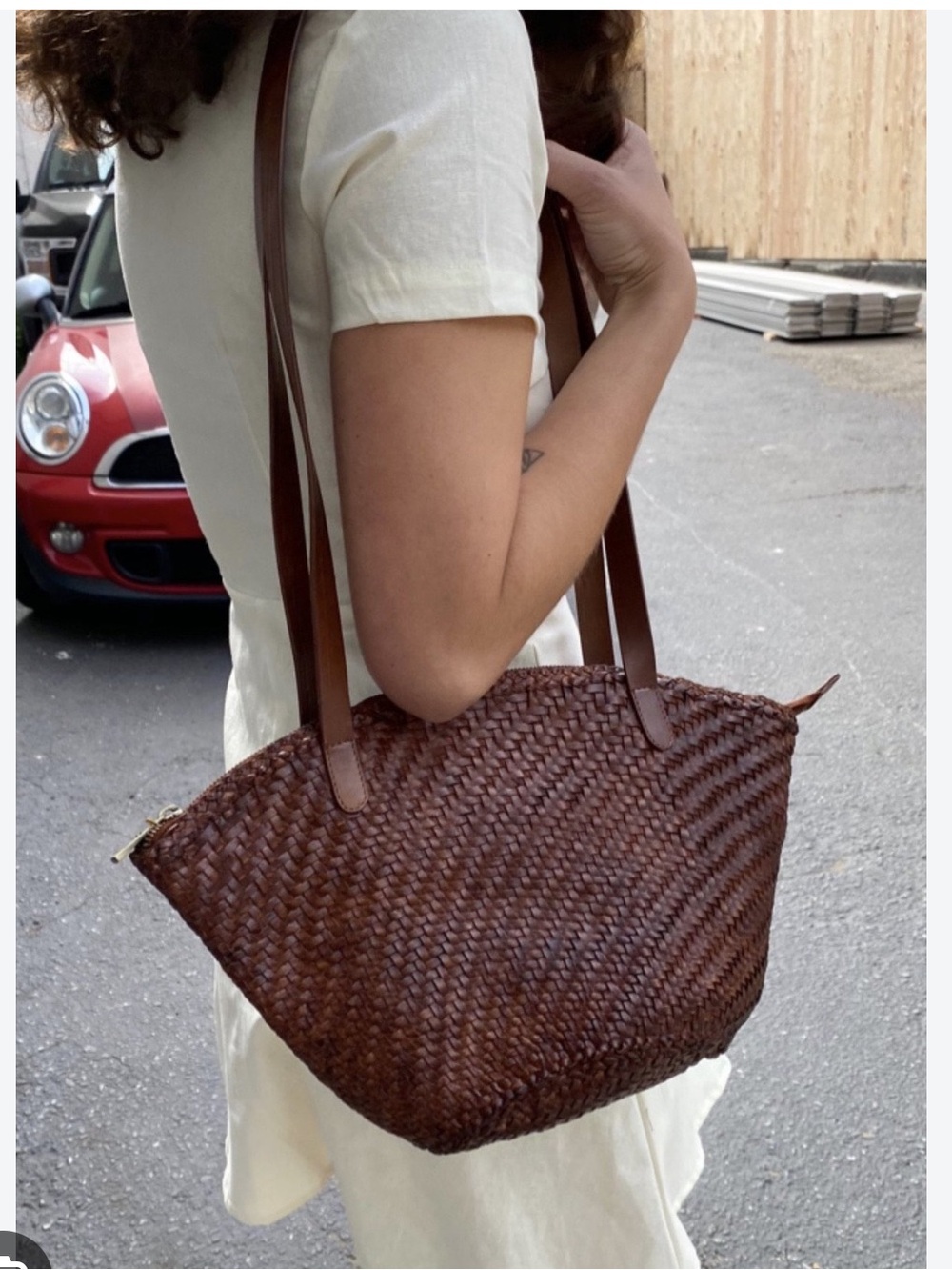 St Agni Woven Brown Leather-Trim Crossbody Bag